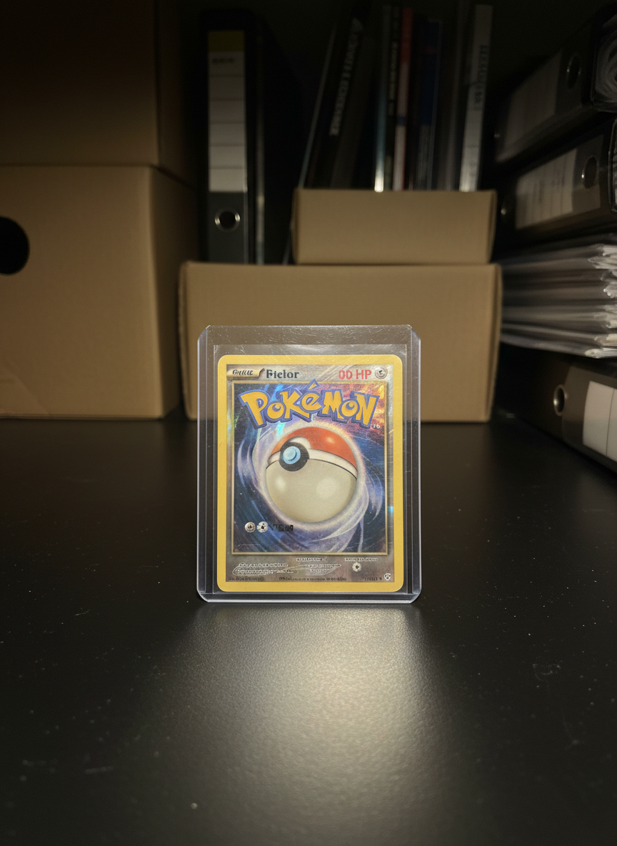 A close-up, photographic shot of a single prized Pokémon card in a rigid clear top loader, standing upright on a matte black surface with a blurred background of stacked storage boxes and binders. The card’s foil pattern shimmers with rainbow reflections under a focused, warm desk lamp, while the rest of the scene falls into soft shadow. Tiny specks of dust on the top loader and subtle wear on the card edges emphasize authenticity and long-term ownership. Captured with dramatic side lighting and a shallow depth of field, the composition centers the card, giving it a heroic, almost museum-display feel while remaining grounded in a playful collector’s environment.