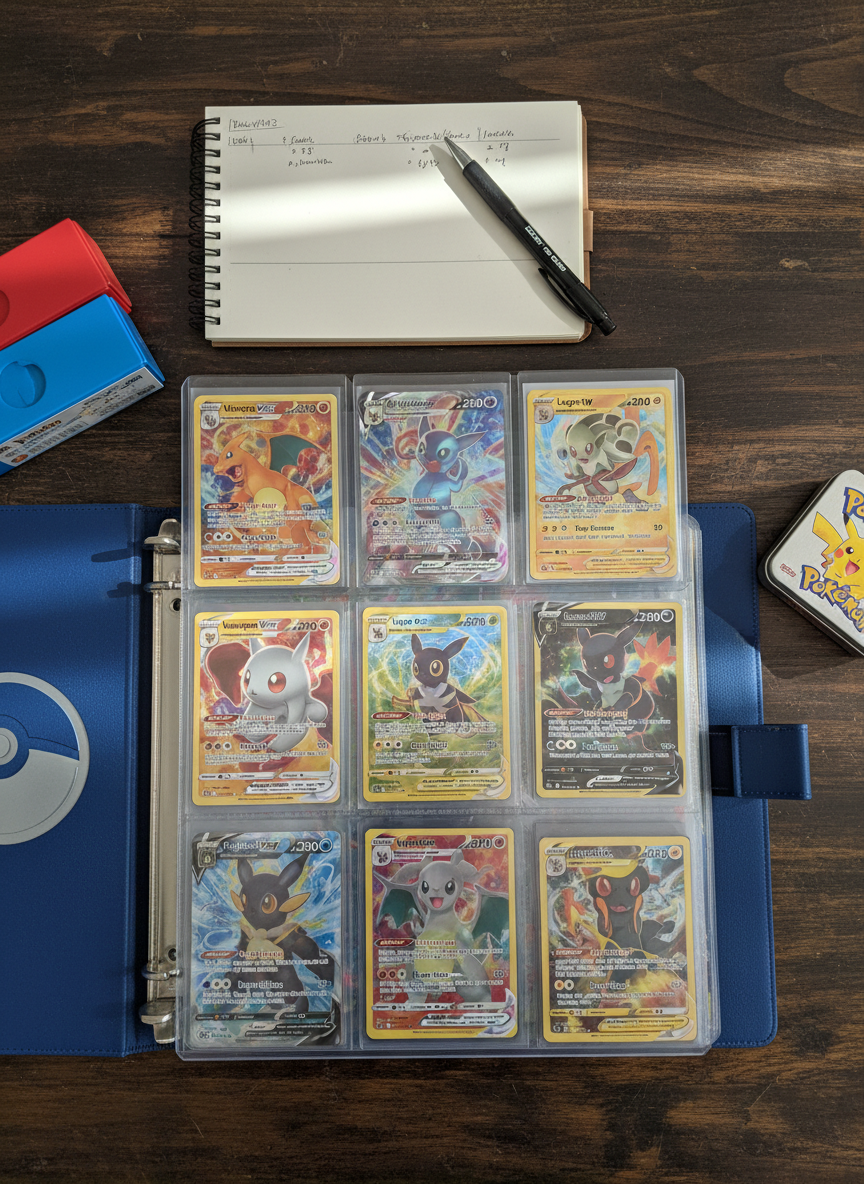 An overhead photographic view of a Pokémon card binder laid open on a dark, textured tabletop, showcasing a curated page of favorite holo and full-art cards in neat rows. The card sleeves are slightly glossy, catching soft diffused daylight from above and revealing faint reflections. Around the binder are a few deck boxes, a small tin, and a gently worn notebook with a pen resting on top, hinting at collection tracking and deck ideas. The composition uses a bird’s-eye perspective with sharp focus across the frame, capturing the tactile details of card edges, foil patterns, and plastic textures. The mood is organized, personal, and quietly playful, highlighting a real collector’s pride.