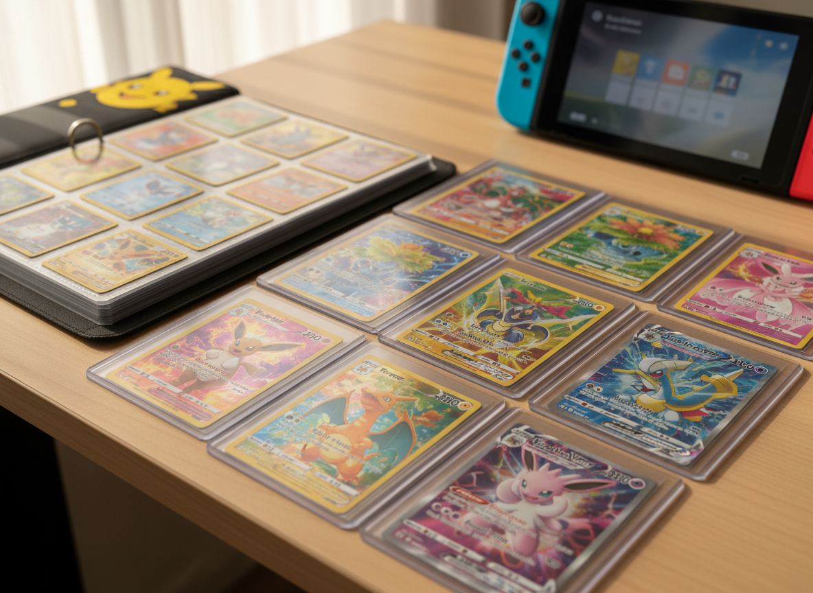 A carefully arranged collection of Pokémon trading cards spread across a clean wooden desk, featuring a mix of classic holo rares and modern full-art cards in vivid colors. Some cards rest in clear plastic sleeves and top loaders, others in a tidy binder opened to a favorite page. A Nintendo Switch with Joy-Cons docked nearby displays a blurred Pokémon game home screen. Soft afternoon natural light from an unseen window creates gentle reflections on the card foiling and subtle shadows along the desk edge. Photographic realism, shot from a slightly elevated angle with shallow depth of field, playful and inviting, emphasizing the personal feel of a real fan’s collection rather than a staged stock image.