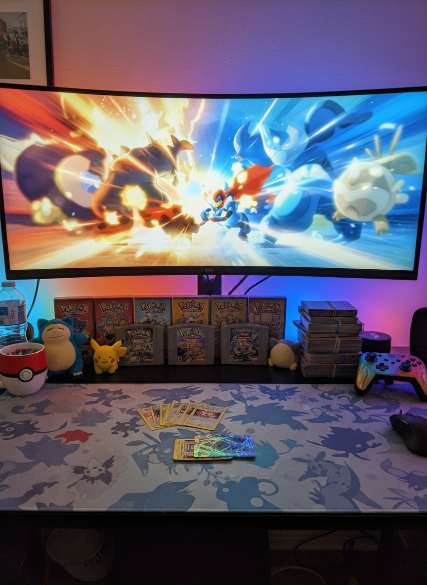 A cozy gaming setup centered on a wide monitor displaying a bright, out-of-focus Pokémon battle scene, surrounded by authentic Pokémon memorabilia. A row of well-worn game cases and cartridge boxes lines the base of the monitor, while a small stack of organized card decks sits beside a controller. A playmat featuring subtle creature silhouettes covers the desk, with a few cards casually fanned out as if mid-deck tuning. Warm LED strip lights cast a colorful glow along the wall, contrasting with the cooler monitor light. Photographic realism, shot at eye level with a moderate depth of field, creating an energetic yet relaxed atmosphere suited to long play sessions.